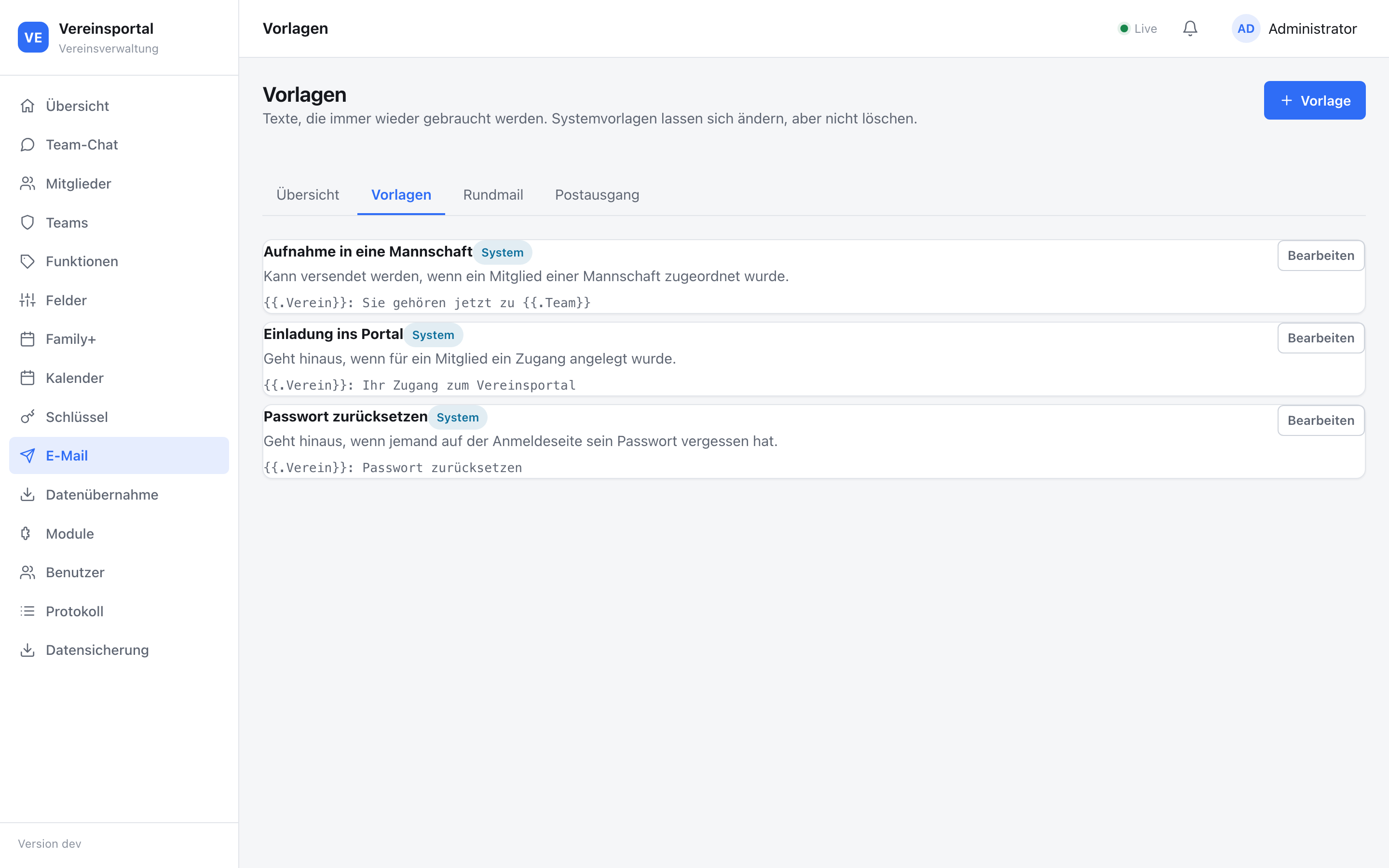 Vorlagenverwaltung des Mailversands