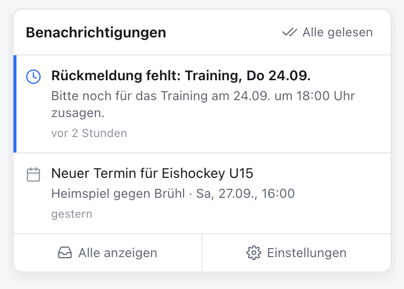Die Klappliste der Glocke mit dem Verweis auf die Einstellungen