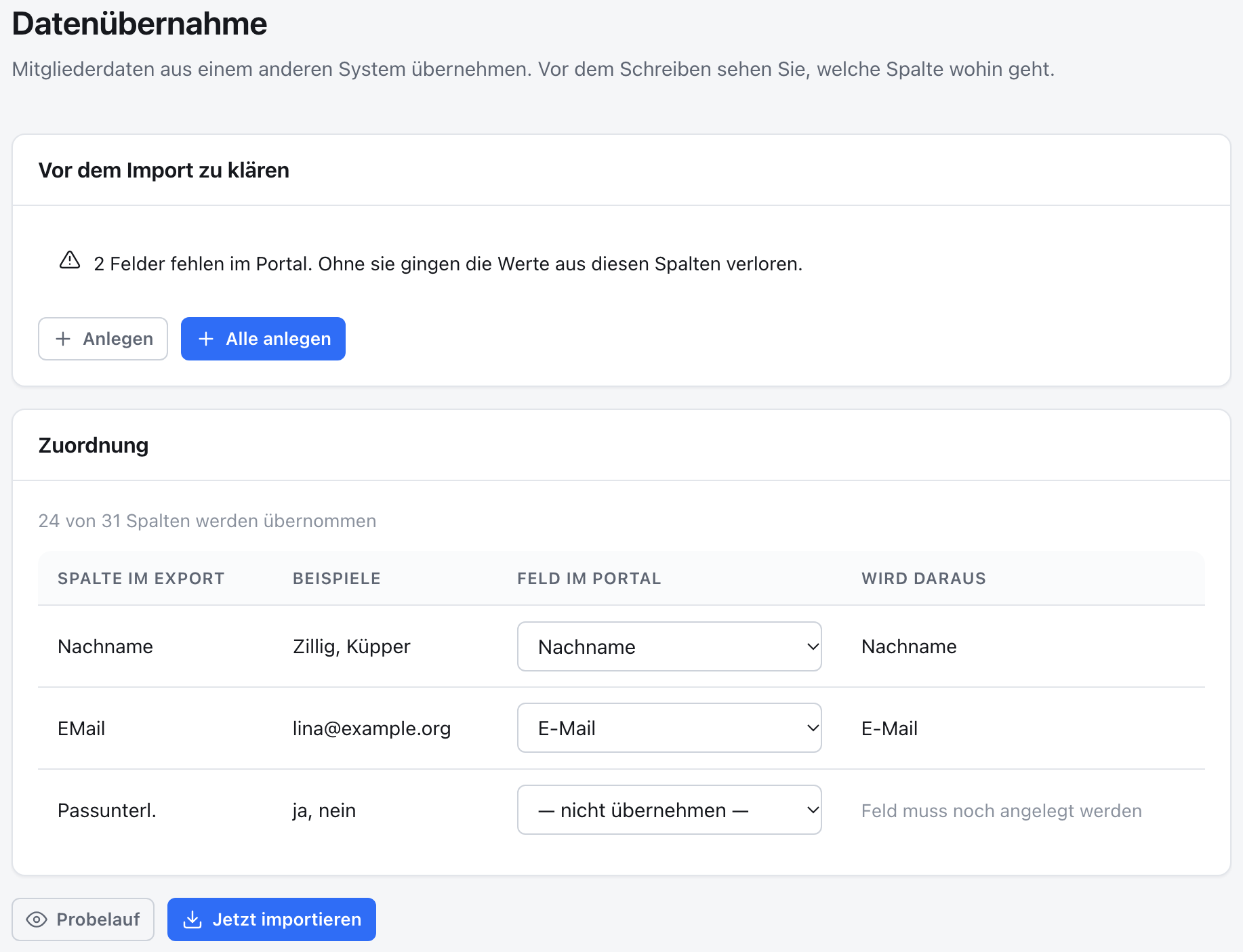 Die Datenübernahme