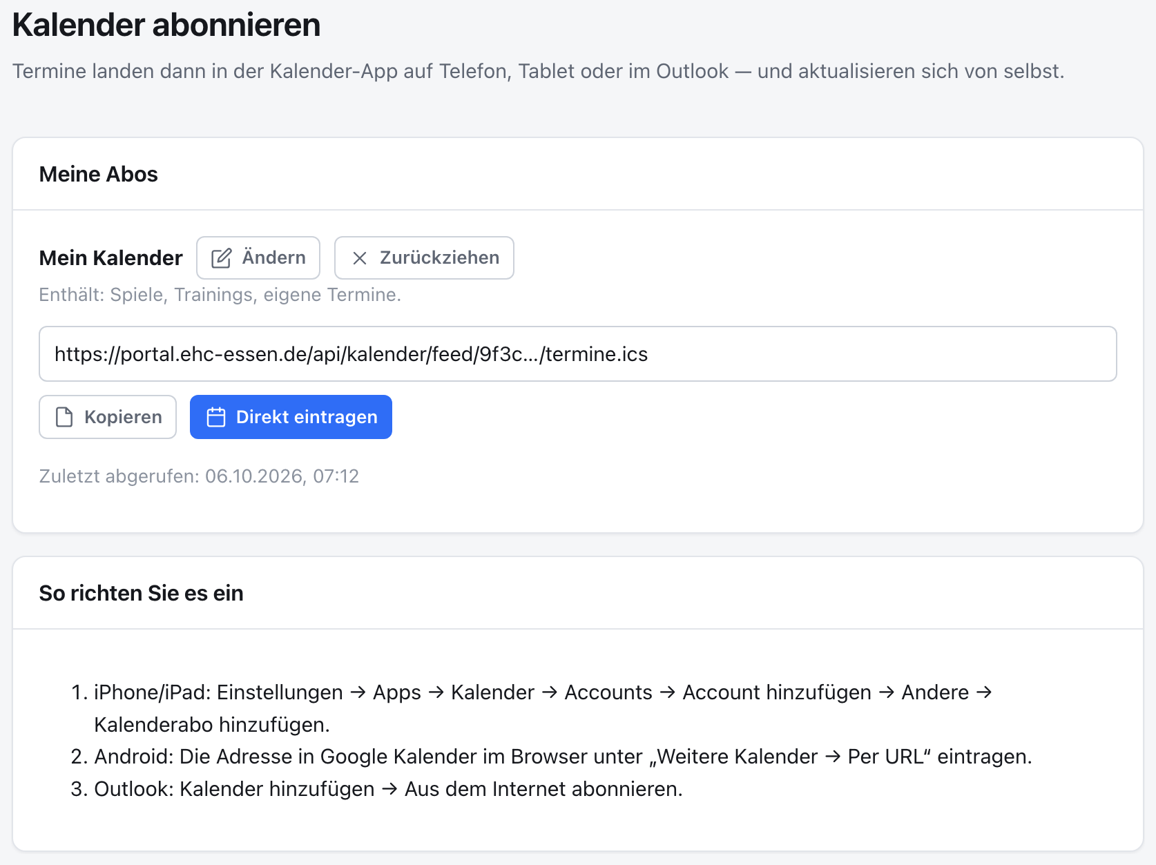 Die Seite „Kalender abonnieren”