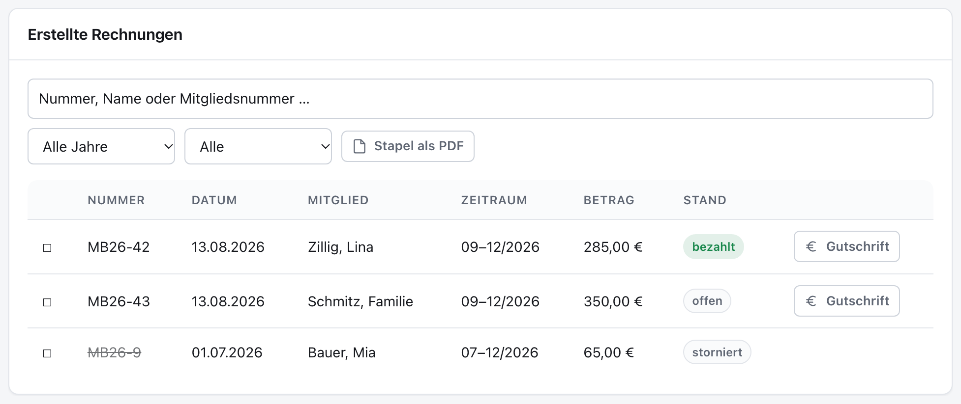 Die Liste der erstellten Rechnungen